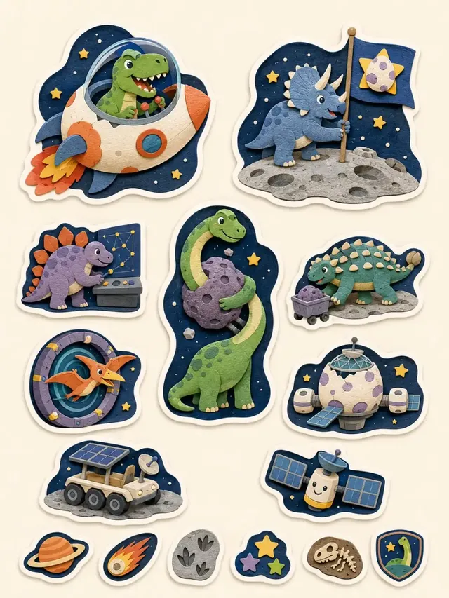 A vertical sheet of 15 independent stickers in a layered paper-cut style. Main stickers include a T-Rex piloting an egg-shaped rocket, a Triceratops planting a flag on the moon, and a Brachiosaurus embracing an asteroid. Smaller stickers feature various space and dinosaur elements.
