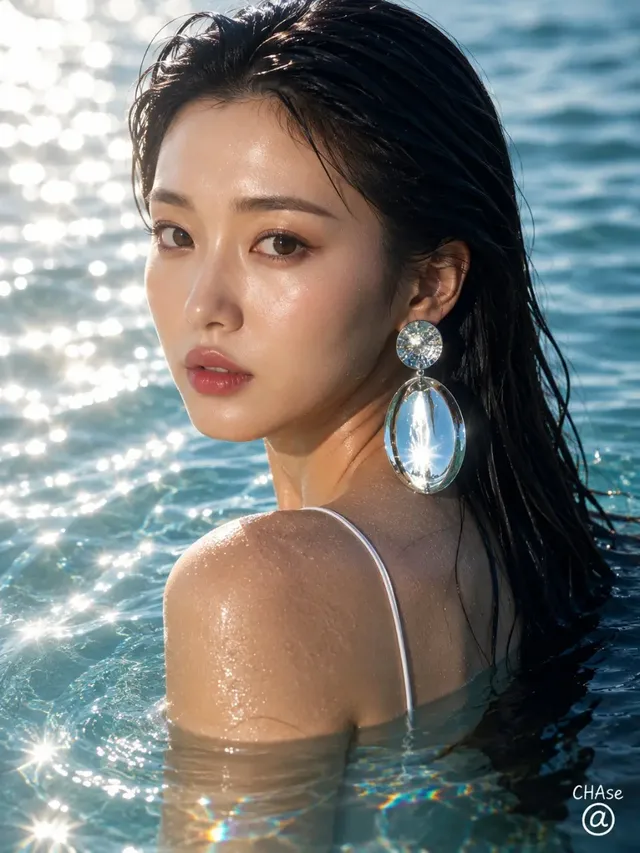 A model with wet hair and dewy skin poses in clear water, looking back at the camera with a confident expression. She wears a minimalist top and large, striking silver earrings. Bright sunlight creates a shimmering effect on the water and her skin.