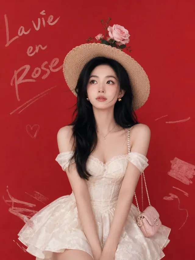 Young East Asian woman with long curly hair, wearing a cream-white off-the-shoulder dress and a straw hat, posing against a bright red backdrop with handwritten doodles and roses. Soft lighting highlights her features.