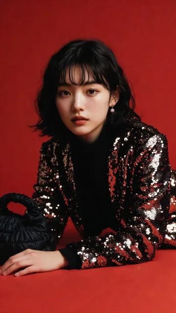 Full body shot of a young Japanese or Korean woman with a curvy silhouette, wearing a black sequined street-couture set and sneakers, posing in a seamless red void.