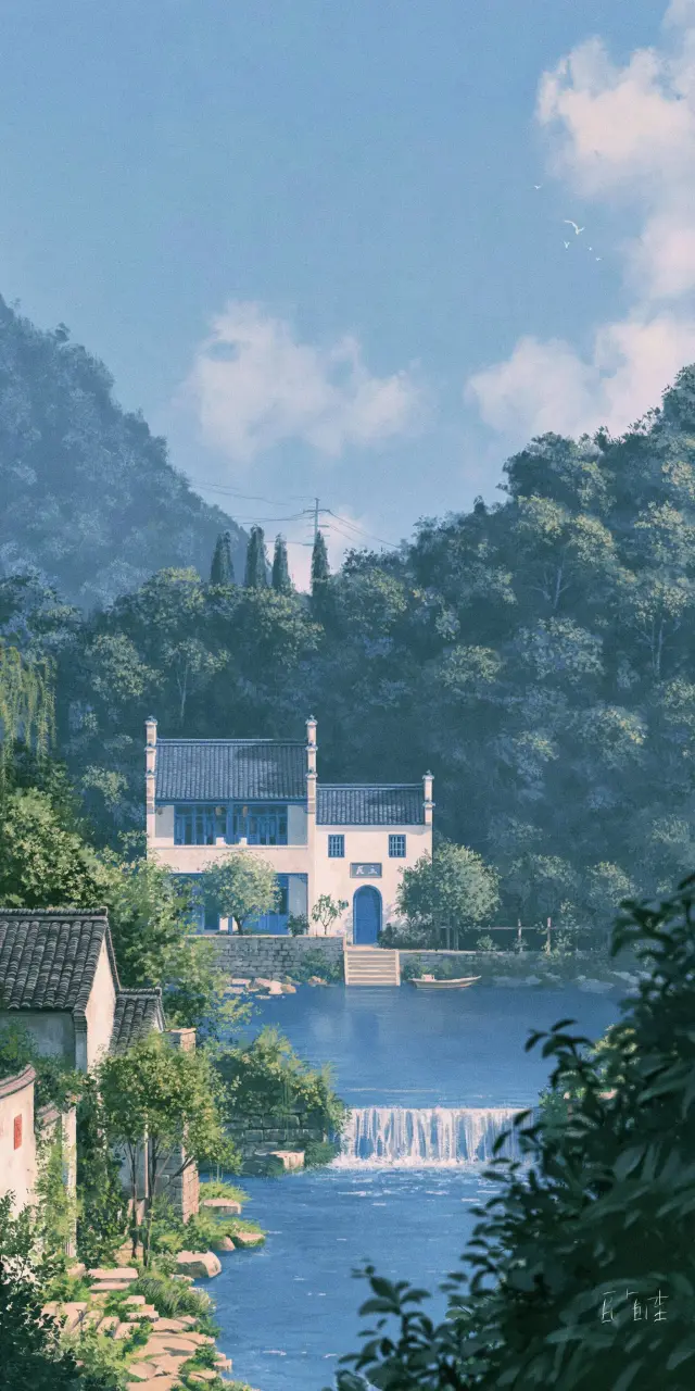 A serene riverside village nestled among lush green mountains in a nostalgic Ghibli anime illustration style.