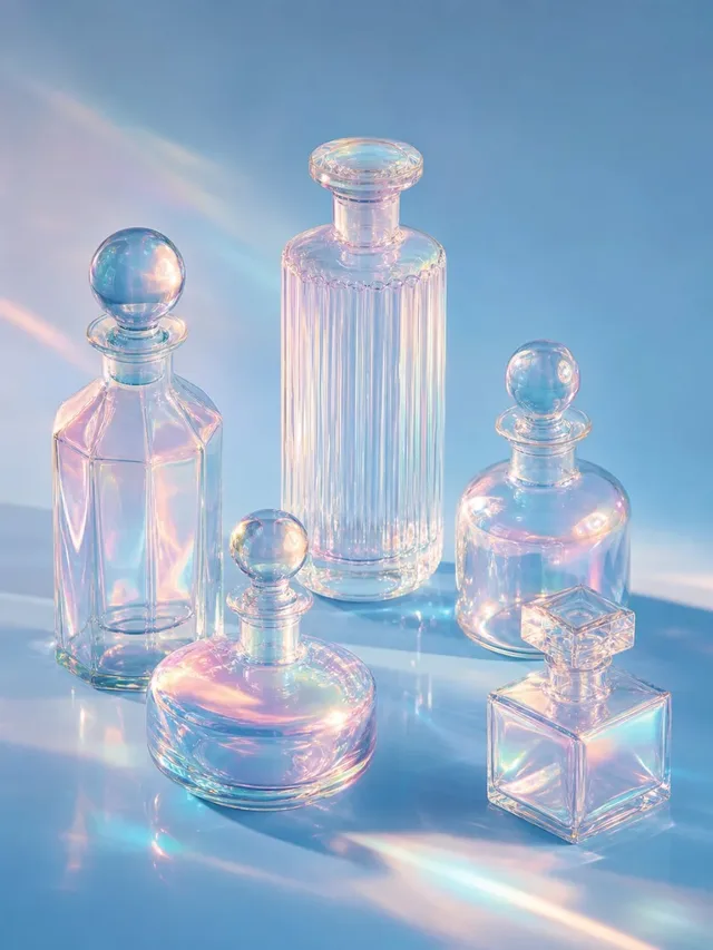 Collection of translucent glass bottles with iridescent mother-of-pearl reflections and rainbow highlights on a pastel blue studio surface, minimalist luxury still life.