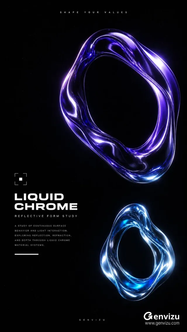 A vertical 9:16 futuristic editorial poster with two suspended, irregularly shaped, hollow liquid chrome rings reflecting electric purple, indigo, ice blue, and white light against a matte black background with film grain. Minimalist white sans-serif typography is placed on the left.