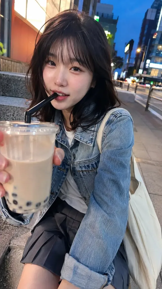 A young Korean woman with black hair and bangs, wearing a light blue denim jacket, sits on city steps at dusk, holding a large bubble tea cup with a straw to her lips, looking at the camera with a playful expression. The background is softly blurred with city lights.