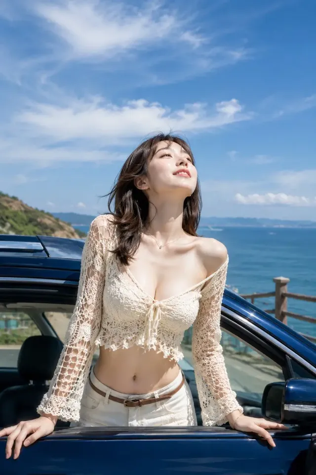 A young woman with dark brown hair leans out of the open window of a navy blue car, looking up at the sky with a gentle smile. She wears a cream-colored crochet top and ivory pants. The background shows a coastal drive with the blue sea and sky.