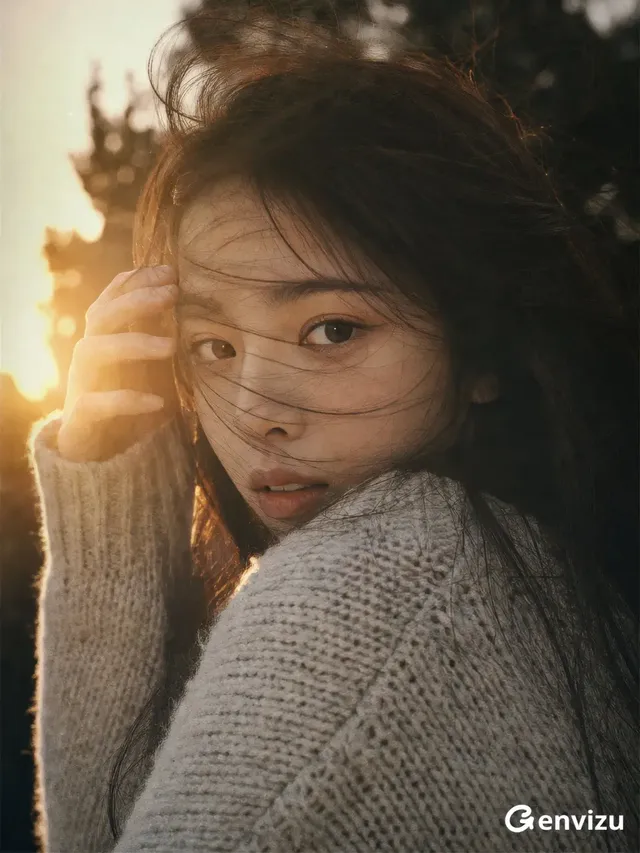 A close-up portrait of a young East Asian woman with dark, windswept hair obscuring parts of her face. She wears a cream knit sweater. Strong golden backlighting creates a warm glow and highlights hair strands. Shallow depth of field blurs the background.
