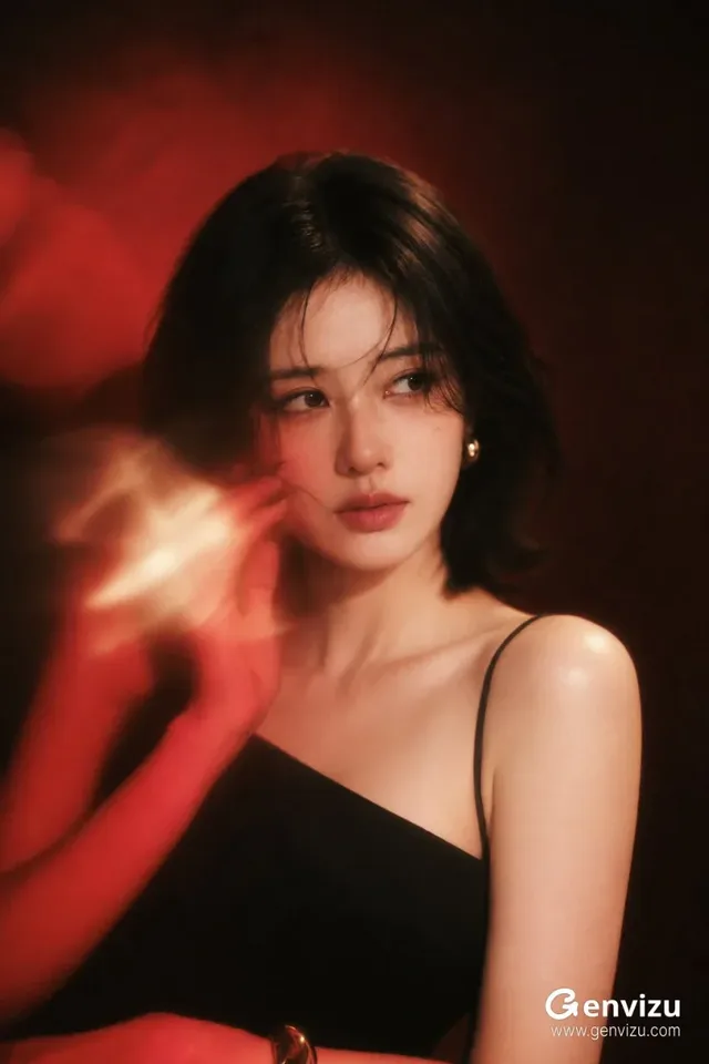 A close-up vertical portrait of a 22-year-old East Asian woman with a bob haircut, captured in dramatic red and amber lighting with motion blur on her hand.
