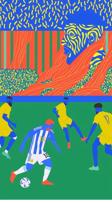 Lionel Messi in an Argentina jersey dribbling a soccer ball past defenders in a stadium filled with confetti and cheering fans, with face paint.