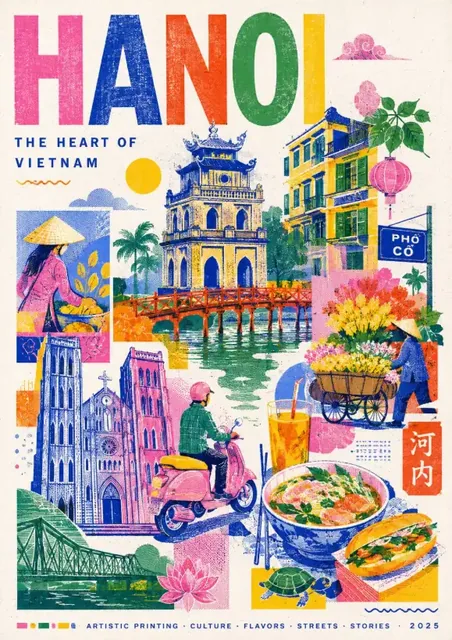 A stylized travel poster with bold colors, abstract shapes, and risograph printing textures, featuring the destination name.