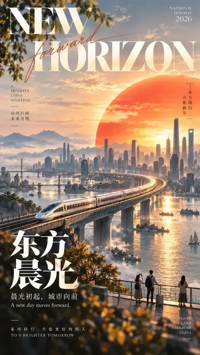 An artistic modern oriental editorial poster with an oversized visual anchor and elegant typography in a misty landscape.