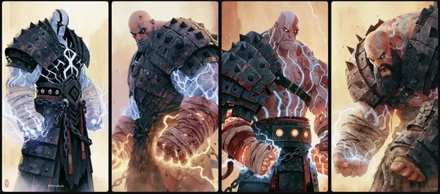 A full-body 3D render of a massive arena champion warrior with scarred armor, storm-blue glowing veins, wrapped fists, and lightning energy around the knuckles, in an aggressive fighting stance.
