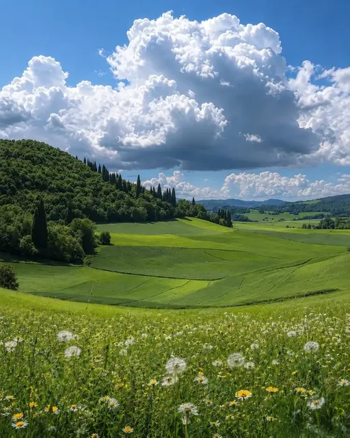 Vast, rolling emerald-green hills covered in grass and wildflowers, with a dense forest on the left, a valley in the distance, and a dramatic cumulus cloud in a vivid blue sky.