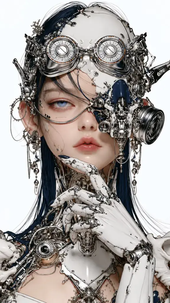 Close-up portrait of an East Asian cyborg woman with chrome headgear, ceramic hands, and intricate mechanical details on a white background.