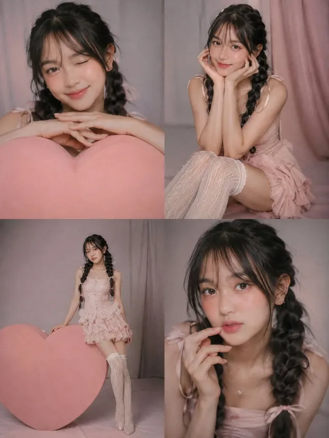 A four-panel photorealistic collage of a woman, with each panel showing her in a different pose against a soft pink and gray studio background, featuring faded colors and subtle film grain.