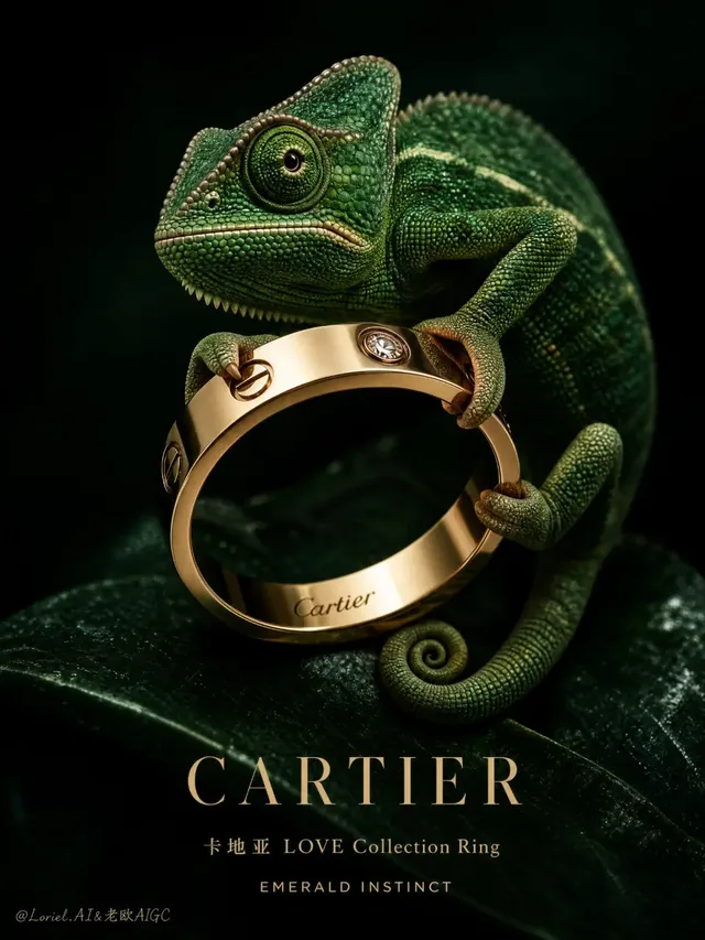 A hyper-realistic Cartier LOVE Collection Ring in polished gold, with a detailed, anatomically correct green chameleon gracefully gripping it. The scene is set against a minimal dark background with soft, luxurious lighting, evoking emerald-jewel elegance.