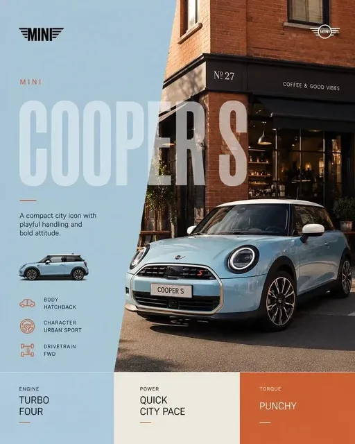 Minimalist automotive editorial poster with a car, split layout, and sparse typography.