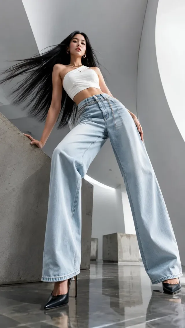 Ultra-photorealistic, low-angle shot of a confident woman with jet-black hair, wearing white asymmetrical top and wide-leg jeans, leaning against a concrete block in a minimalist gallery.