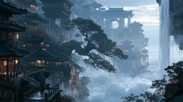A vast, monumental East Asian-inspired megastructure suspended high above a cloud ocean. Colossal palace corridors, pavilions, and moon gates are visible, partially obscured by mist and waterfalls.