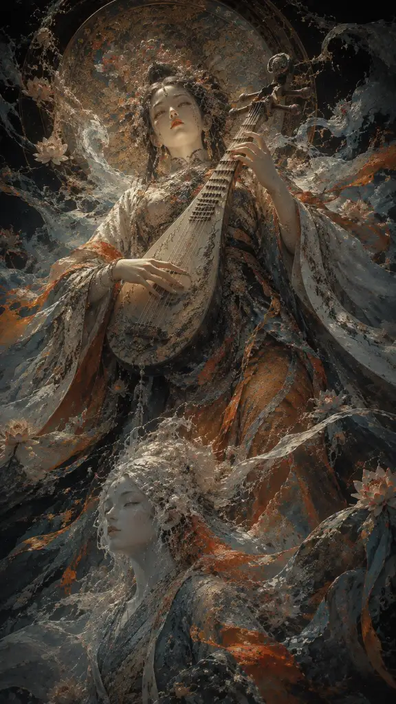 A young, divine goddess with a cold, aloof expression holds a pipa, depicted in a Chinese grotesque style with heavy impasto painting and visible brushstrokes. She appears monumental against a dark background with abstract particles.