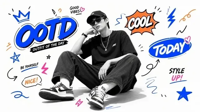 Monochrome fashion photo of a young man in streetwear sitting on a white background, surrounded by colorful doodles and bold typography saying OOTD.