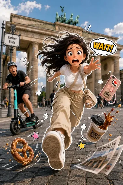 A 3D sticker character in a dynamic, exaggerated sprint towards the camera, with flying objects and comic-style effects, composited onto a photorealistic background.