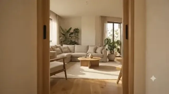 Cinematic walkthrough of a warm, minimalist modern home, showing a sunlit living area with neutral-toned furniture, indoor plants, and light oak flooring.