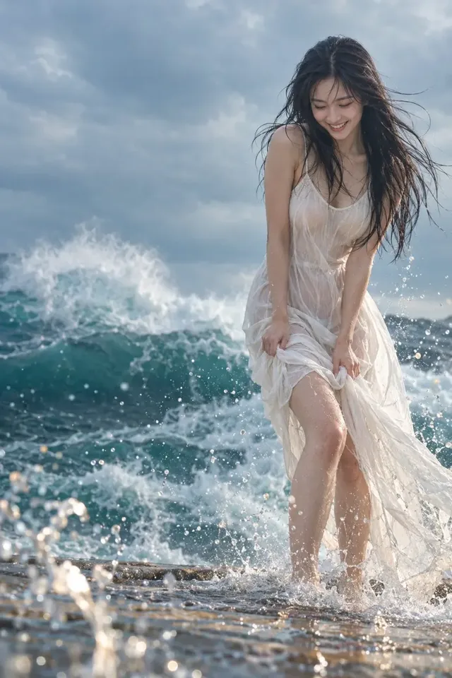 An East Asian woman smiling while standing in a swirling tide on a flooded stone promenade, wearing a sheer white dress.