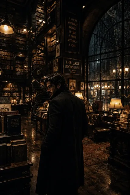 A handsome man in a charcoal overcoat stands alone in a vast vintage bookstore, holding an open book, with warm light illuminating dust motes.