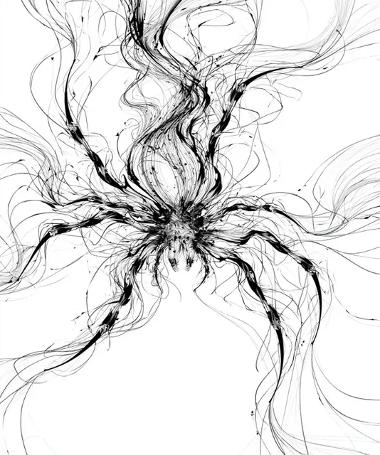An abstract spider-like shape formed by black ink splatters and flowing lines on a white background.
