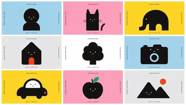 A grid of nine minimalist graphic design cards, each featuring a simple black character (person, cat, elephant, house, tree, camera, car, apple, mountains) with minimalist facial features against a solid pastel or vibrant background.