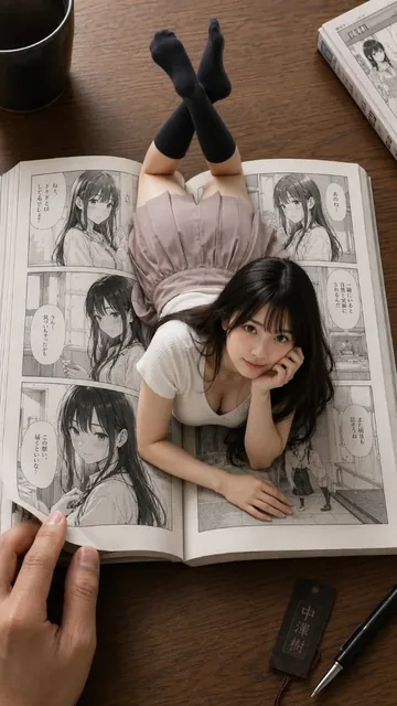 A 3D anime-style character with black hair and red eyes looks up from a manga panel.