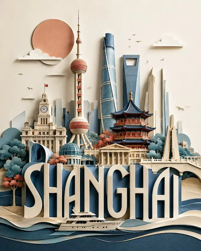A stylized travel poster featuring a multi-layered cityscape illustration in a paper-cut art style, with integrated city name typography.