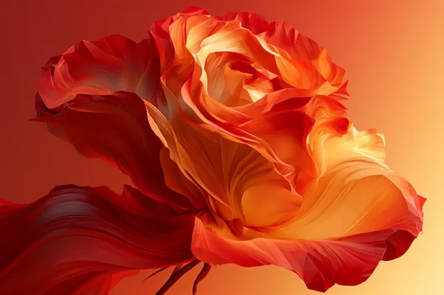 Low poly biomorphic bloom with organic shapes and faceted textures, showcasing a smooth gradient from [COLOR1] to [COLOR2].
