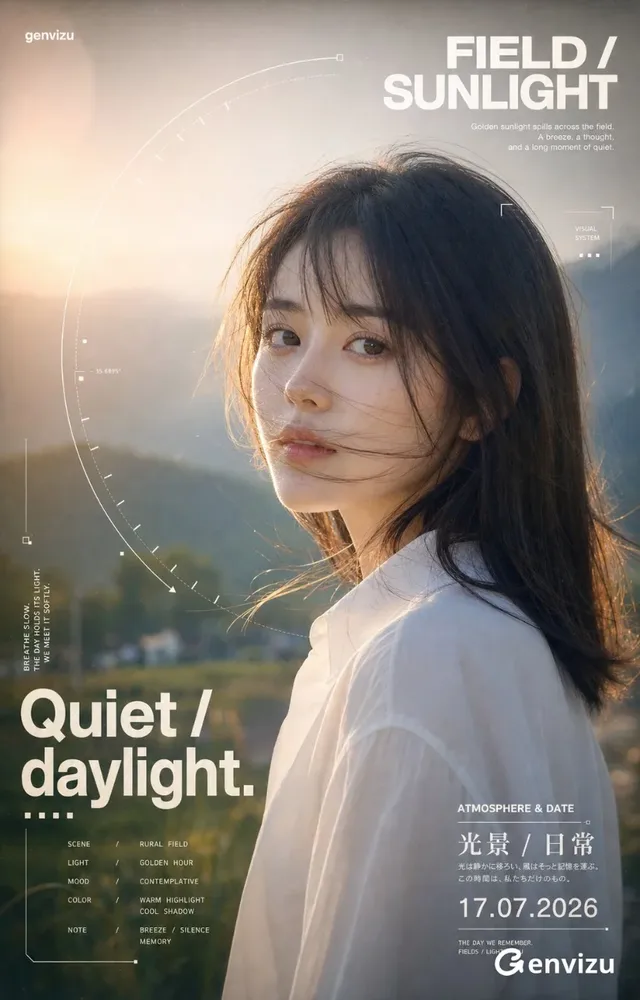 A young East Asian woman with wind-swept hair, wearing a white shirt, stands in a golden sunset with a blurred rural background and overlaid graphic design elements. She looks calmly towards the viewer.