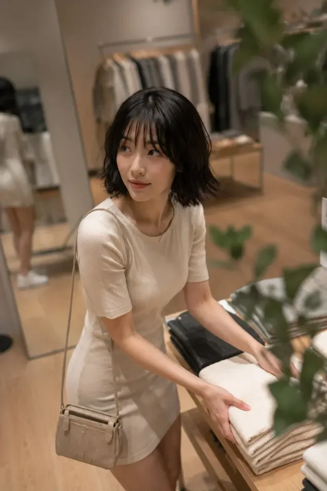 Ultra-realistic candid smartphone photo inside a stylish Tokyo boutique. A woman with a relaxed expression browses a rack of minimalist Japanese fashion, holding a cream shopping bag. She wears an ivory mini dress and white sneakers.