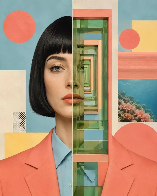 A vertical editorial collage portrait with a photorealistic central figure, split by a graphic strip, surrounded by Bauhaus-inspired geometric shapes and textures in a muted mid-century color palette.