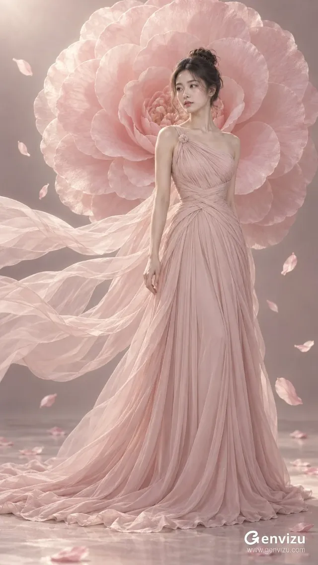 Full-length portrait of an East Asian woman in a blush couture gown, standing in front of a giant camellia flower. She has her head turned slightly to the side, and sheer chiffon streamers flow from her dress.