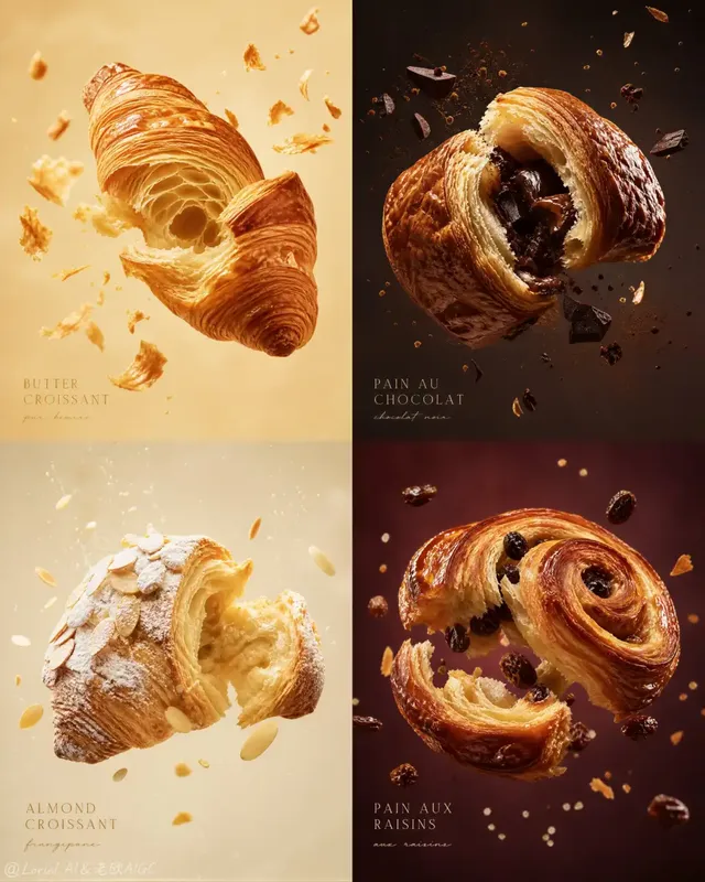 A four-panel grid featuring a Butter Croissant, Pain au Chocolat, Almond Croissant, and Pain aux Raisins, each suspended and partially deconstructed in mid-air with floating crumbs and ingredients.