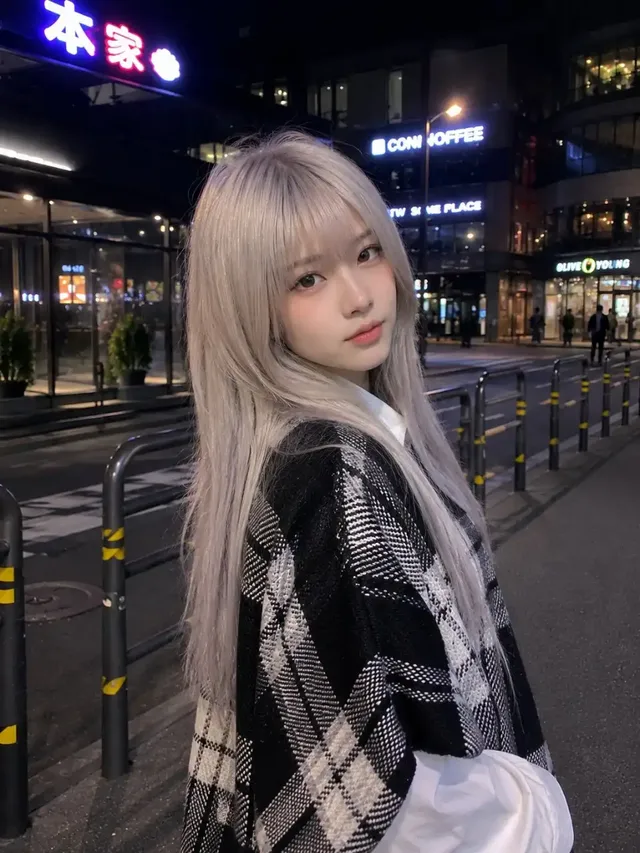 Waist-up, slightly high-angle smartphone photo of a young East Asian woman with platinum silver hair and bangs, wearing a plaid poncho and white shirt, standing on a softly blurred urban street at night with neon signs.