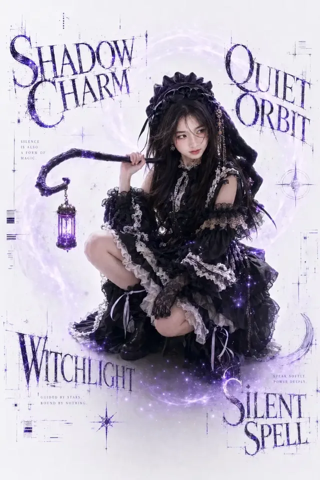 Gothic lolita magical girl with a glowing staff and purple magic aura, wearing a detailed black and white dress, against a white studio background. Text elements 'ARCANE ELEGANCE' and 'MIDNIGHT SPELL' are integrated into the art.
