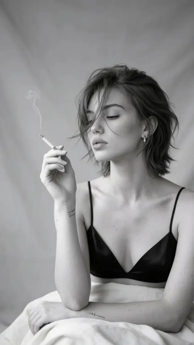 A striking young androgynous woman with short messy hair sits in a studio, wearing a black bra and long skirt, holding a cigarette. Black and white, film grain, soft light.
