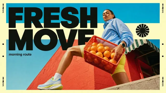 Horizontal 16:9 image of a person in athletic wear performing an activity in an urban setting, with a red-orange painted wall and blue sky. Bold cyan and black typography and regis