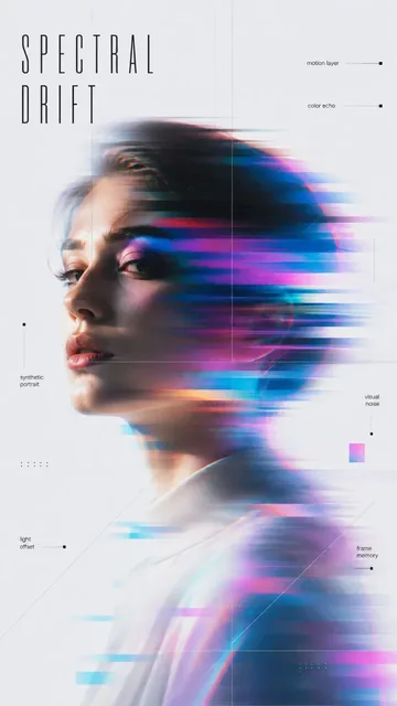 A collection of four AI-generated distorted portrait posters with unique visual effects like scan distortion, chromatic glitch, grid blur, and spotlight shadows.