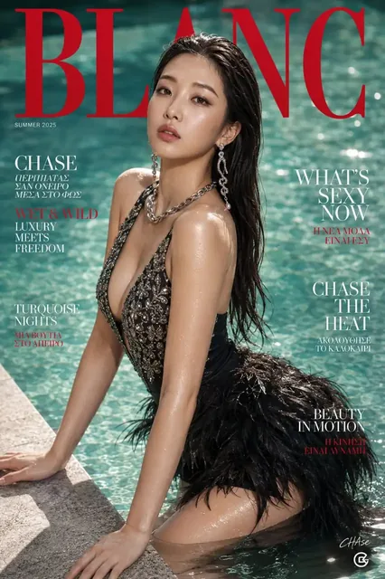A woman in a black, deep V-neck gown with silver beaded details and a feather skirt, poses elegantly at the edge of a turquoise swimming pool, with soft studio lighting creating dr