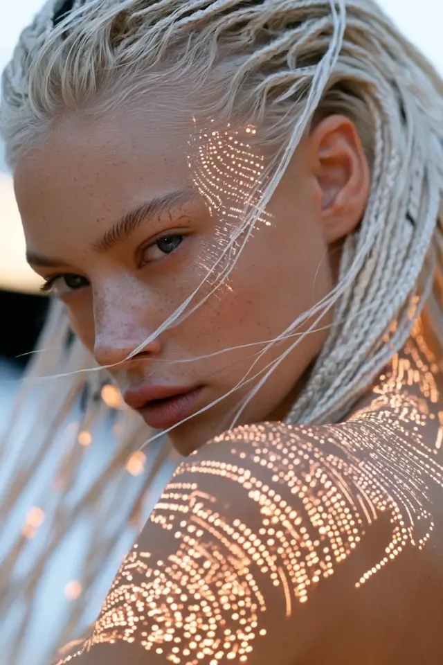 Close-up portrait of a woman with cybernetic implants, black facial markings resembling circuit boards, and futuristic orange digital glasses reflecting light.