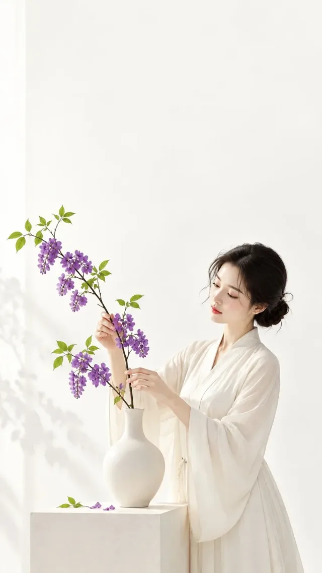 Minimalist poster with a woman arranging grape purple flowers in a white vase against a white background, featuring a clean, bright, and luxurious oriental aesthetic.