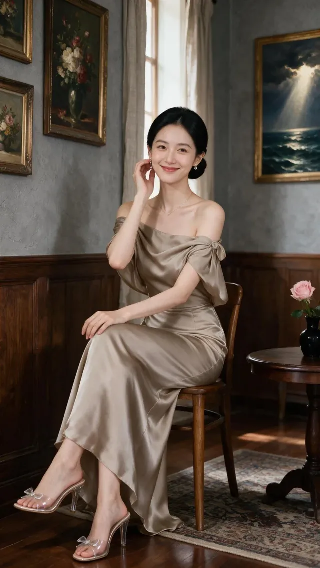 A beautiful East Asian woman with black hair in a bun, wearing an off-shoulder taupe-beige satin dress, sits on a wooden chair in an elegant room with art and a rose.