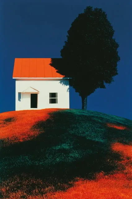Abstract landscape painting with a house and tree, featuring bold orange, blue, and black brushstrokes.