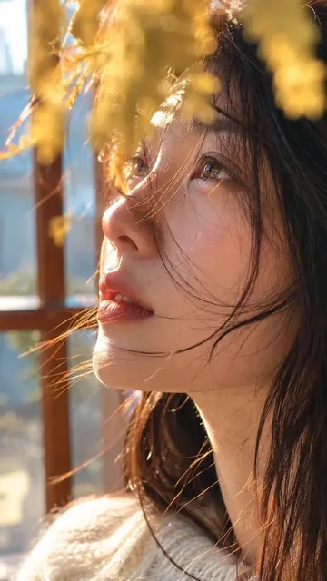 Close-up side profile of a young woman with natural black hair and fair skin, bathed in warm golden backlight, with strands of hair across her face and a soft bokeh background.