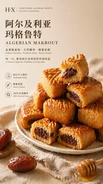 A stack of golden-brown, honey-glazed Algerian Makrout pastries, some whole and some cut to show the date filling, arranged elegantly on a white plate with minimal props.
